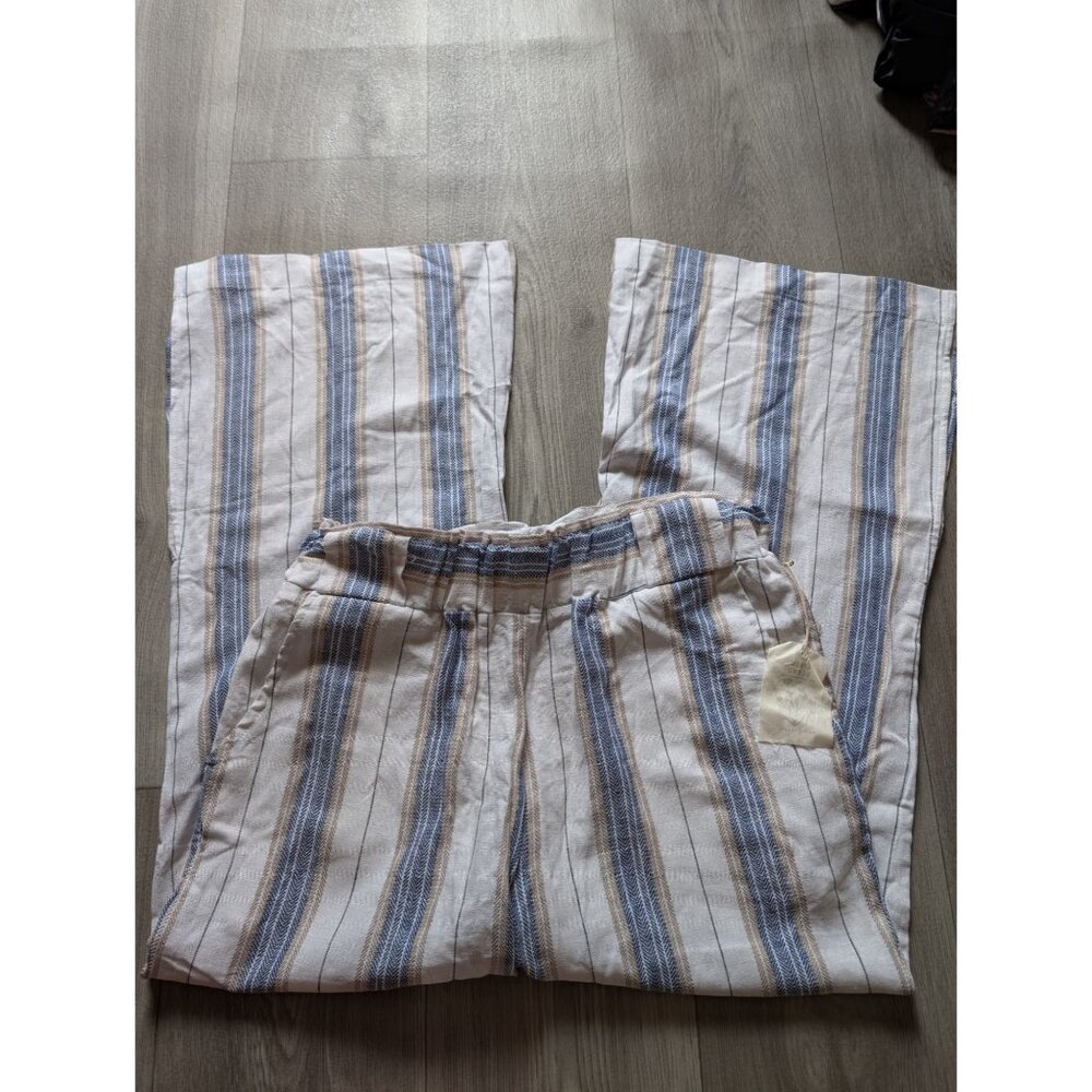 Striped Linen Blend Wide-Leg Pants Elastic Waist & Pockets Indigo Ren Size L Nwt